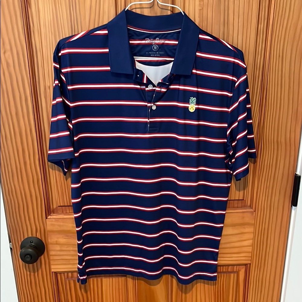 Folly Row - Navy and Red Striped Men's Polo Shirt - size Medium